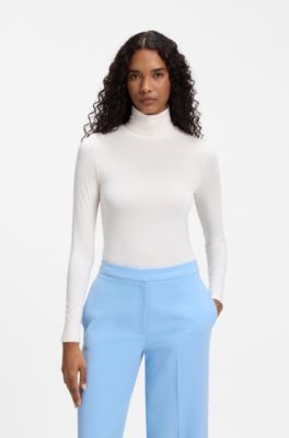 Slim-fit rollneck top in stretch jersey, Natural