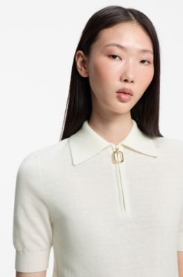 Short-sleeved slim-fit sweater in a wool blend, Natural
