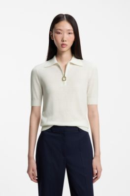 Short-sleeved slim-fit sweater in a wool blend, Natural