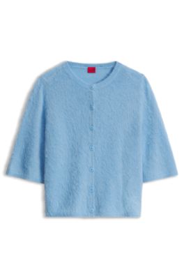 Relaxed-fit cardigan in textured fabric with wool, Light Blue