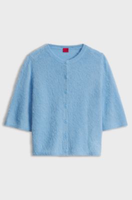 Relaxed-fit cardigan in textured fabric with wool, Light Blue
