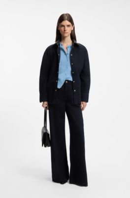 Relaxed-fit cardigan in textured fabric with wool, Light Blue