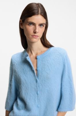 Relaxed-fit cardigan in textured fabric with wool, Light Blue