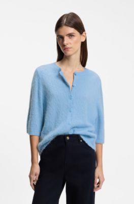 Relaxed-fit cardigan in textured fabric with wool, Light Blue