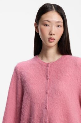 Relaxed-fit cardigan in textured fabric with wool, Pink