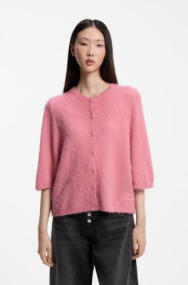 Relaxed-fit cardigan in textured fabric with wool, Pink