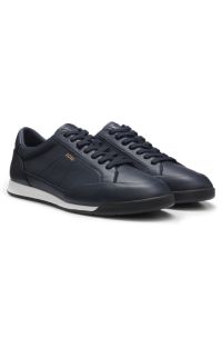 Grained leather trainers with fishbone-patterned sole, Dark Blue
