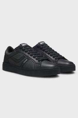 Faux-leather trainers with denim-look trims, Black