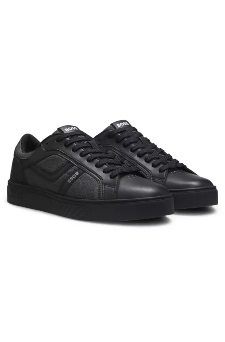 Faux-leather trainers with denim-look trims