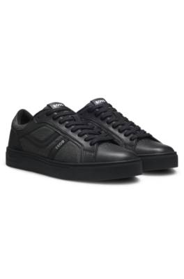 Faux-leather trainers with denim-look trims 1