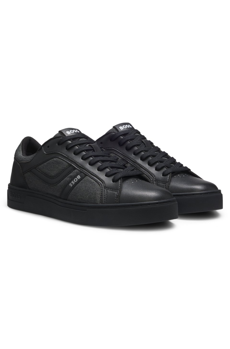 Faux-leather trainers with denim-look trims