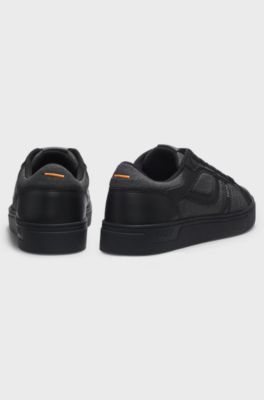 Faux-leather trainers with denim-look trims, Black