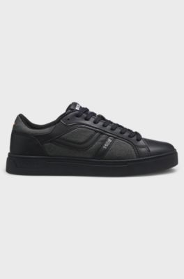 Faux-leather trainers with denim-look trims, Black