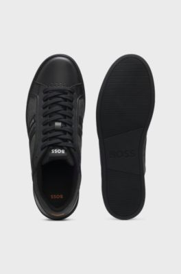 Faux-leather trainers with denim-look trims, Black
