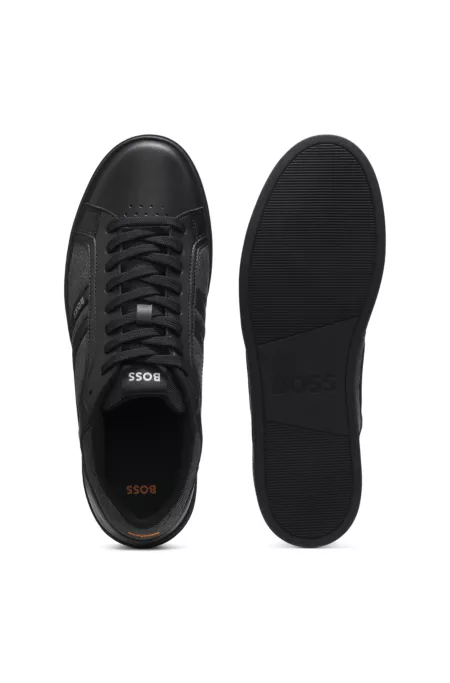 Faux-leather trainers with denim-look trims