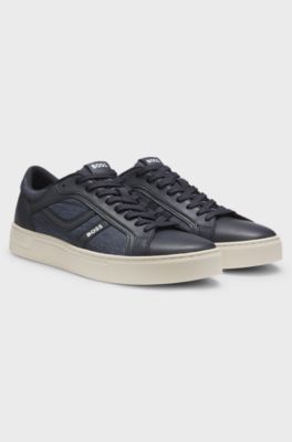 Faux-leather trainers with denim-look trims, Dark Blue