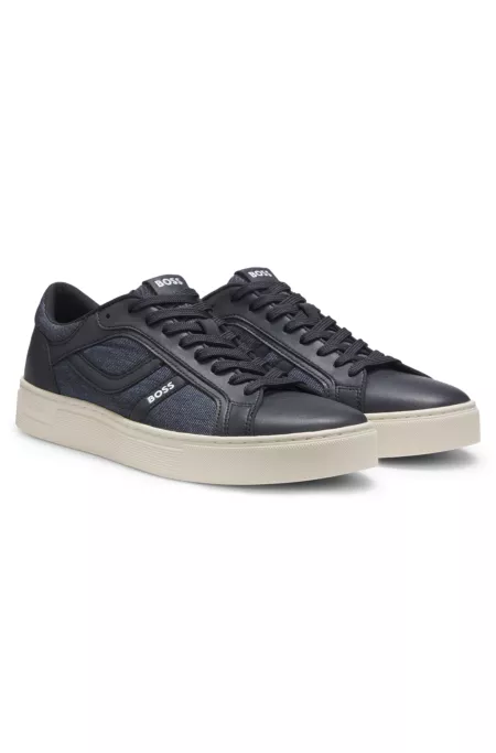 Faux-leather trainers with denim-look trims