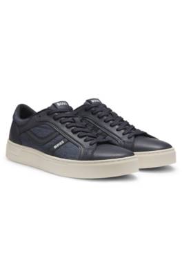 Faux-leather trainers with denim-look trims 1