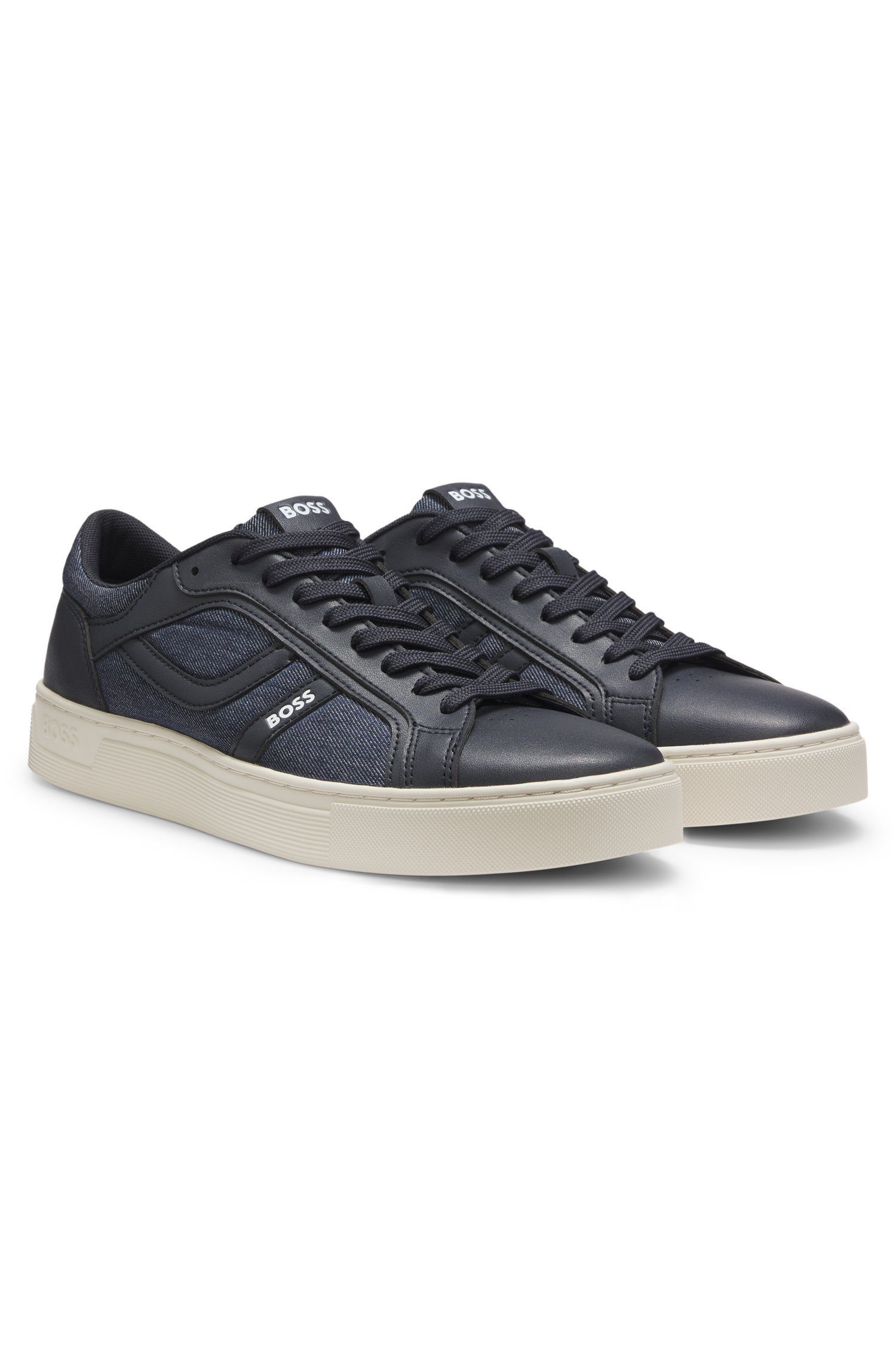 Boss Faux-leather trainers with denim-look trims sneakers herr