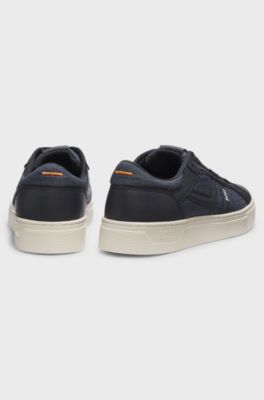 Faux-leather trainers with denim-look trims, Dark Blue
