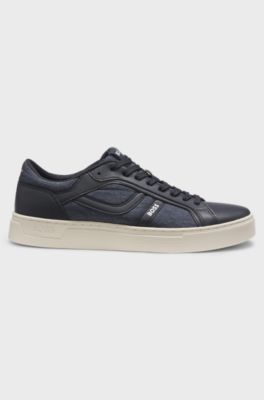 Faux-leather trainers with denim-look trims, Dark Blue