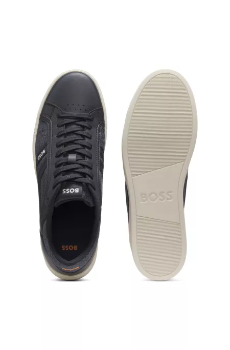 Faux-leather trainers with denim-look trims