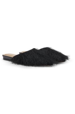 Pointed-toe mules with frayed trim, Black