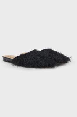 Pointed-toe mules with frayed trim, Black