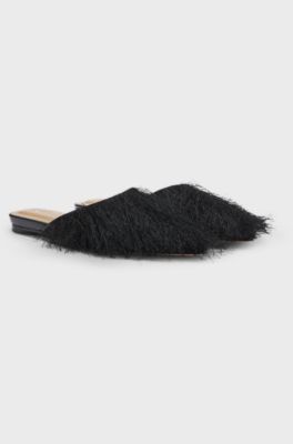 Pointed-toe mules with frayed trim, Black