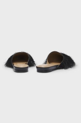 Pointed-toe mules with frayed trim, Black