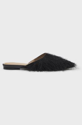 Pointed-toe mules with frayed trim, Black