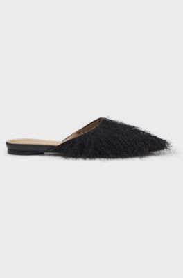 Pointed-toe mules with frayed trim, Black