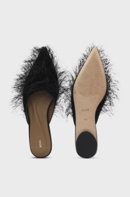 Pointed-toe mules with frayed trim, Black