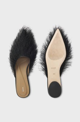 Pointed-toe mules with frayed trim, Black