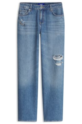 Wide-leg-fit jeans in distressed blue rigid denim, Blue