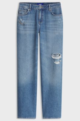 Wide-leg-fit jeans in distressed blue rigid denim, Blue