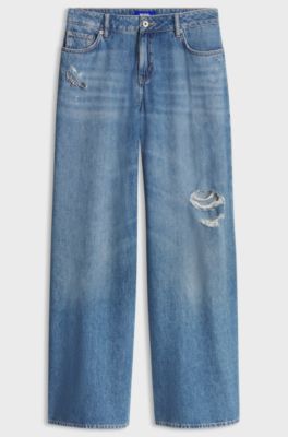 Wide-leg-fit jeans in distressed blue rigid denim, Blue