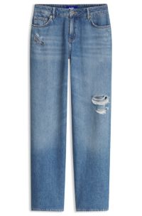 Wide-leg-fit jeans in distressed blue rigid denim, Blue
