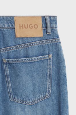 Wide-leg-fit jeans in distressed blue rigid denim, Blue