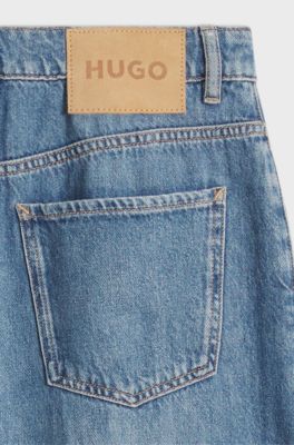 Wide-leg-fit jeans in distressed blue rigid denim, Blue