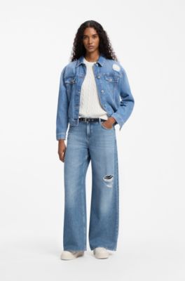 Wide-leg-fit jeans in distressed blue rigid denim, Blue