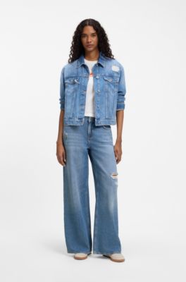 Wide-leg-fit jeans in distressed blue rigid denim, Blue