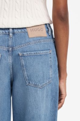 Wide-leg-fit jeans in distressed blue rigid denim, Blue