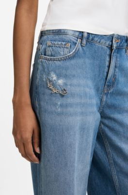 Wide-leg-fit jeans in distressed blue rigid denim, Blue