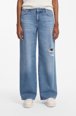 Wide-leg-fit jeans in distressed blue rigid denim, Blue