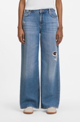 Wide-leg-fit jeans in distressed blue rigid denim, Blue