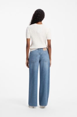 Wide-leg-fit jeans in distressed blue rigid denim, Blue