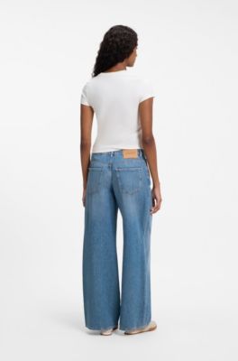 Wide-leg-fit jeans in distressed blue rigid denim, Blue