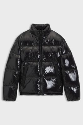 Glossy water-repellent puffer jacket with tonal logo, Black