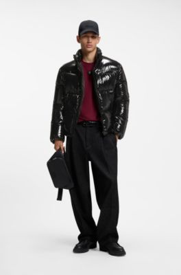 Glossy water-repellent puffer jacket with tonal logo, Black